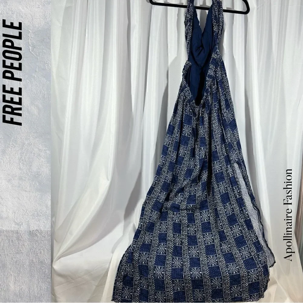 FREE PEOPLE PEYTON MAXI DRESS SIDE SLITS IN NAVY COMBO NWOT LARGE